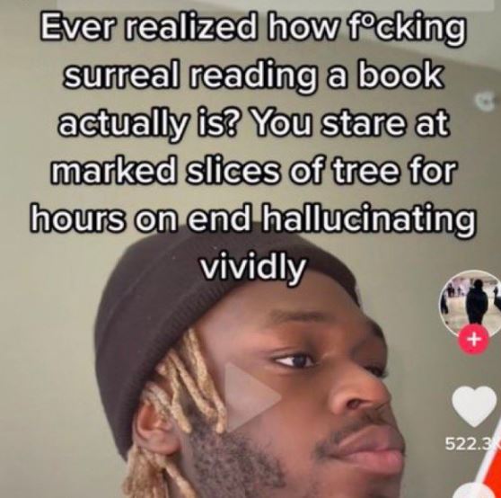 wild tiktok screenshots - lol cats - Ever realized how focking surreal reading a book actually is? You stare at marked slices of tree for hours on end hallucinating vividly 522.3