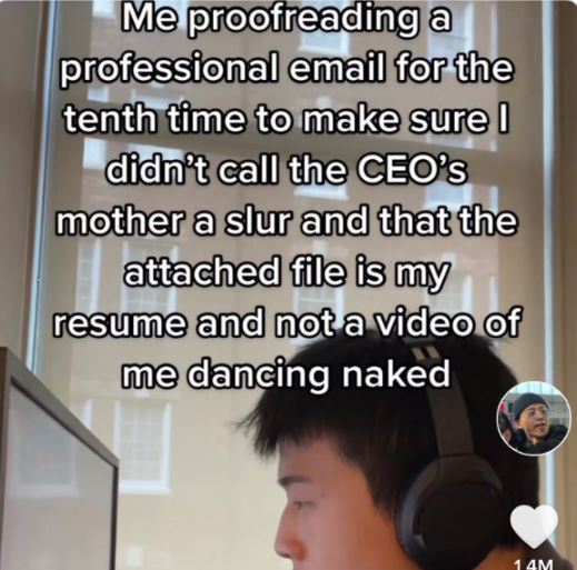 wild tiktok screenshots - tolle sprüche - Me proofreading a professional email for the tenth time to make sure I didn't call the Ceo's mother a slur and that the attached file is my resume and not a video of me dancing naked 14M