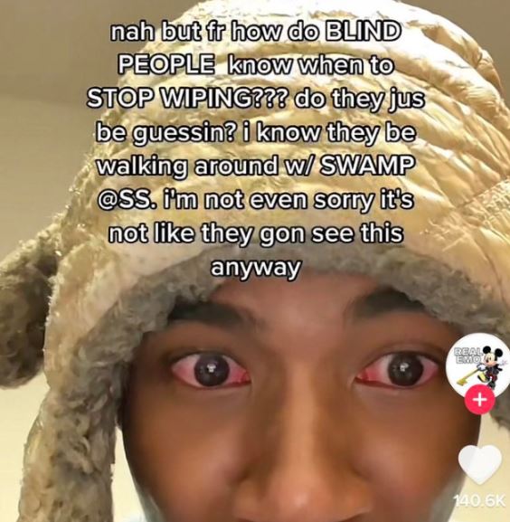 wild tiktok screenshots - head - nah but fr how do Blind People know when to Stop Wiping??? do they jus be guessin? i know they be walking around w Swamp . I'm not even sorry it's not they gon see this anyway Real Emo