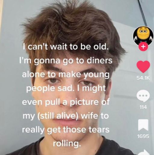 wild tiktok screenshots - Meme - I can't wait to be old. I'm gonna go to diners alone to make young people sad. I might even pull a picture of my still alive wife to really get those tears rolling. 114 1695
