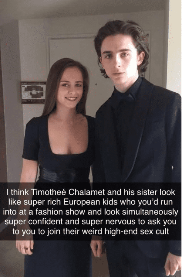 timothee chalamet and his sister meme - I think Timothee Chalamet and his sister look super rich European kids who you'd run into at a fashion show and look simultaneously super confident and super nervous to ask you to you to join their weird highend sex
