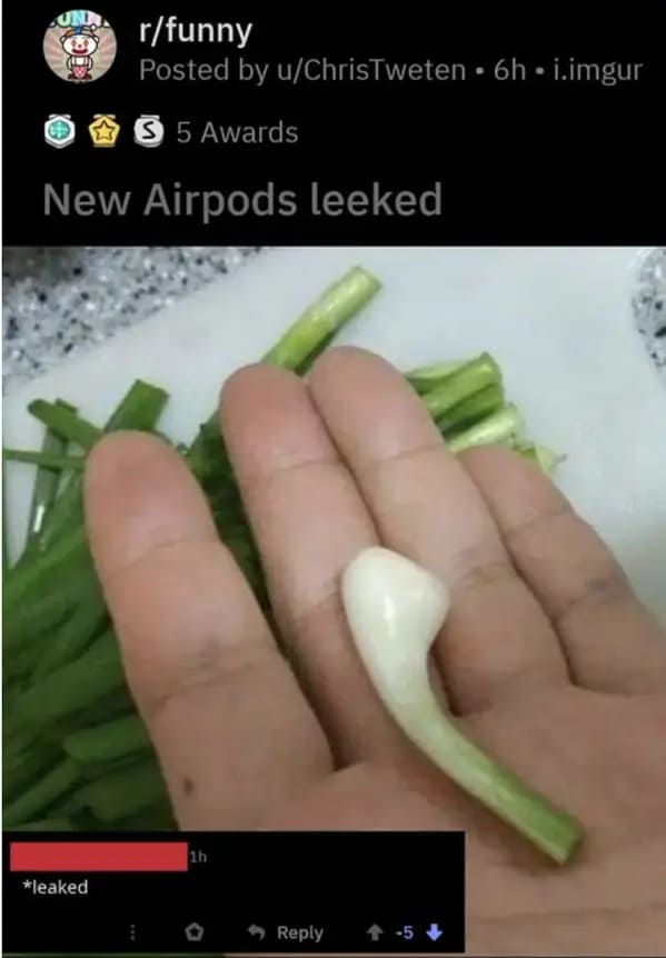 people who missed the joke - onion airpods - Una rfunny Posted by uChrisTweten 6h. i.imgur 55 Awards New Airpods leeked leaked i 1h 5
