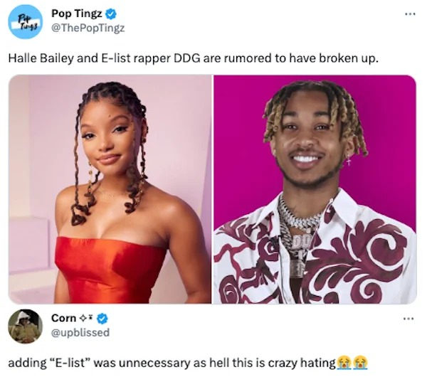 tweets and memes - ddg youtuber - Pop Tingz Halle Bailey and Elist rapper Ddg are rumored to have broken up. P4 Do Corn adding "Elist" was unnecessary as hell this is crazy hating ...