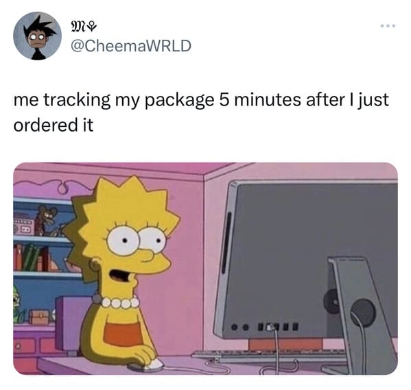 tweets and memes - cartoon - My me tracking my package 5 minutes after I just ordered it Te