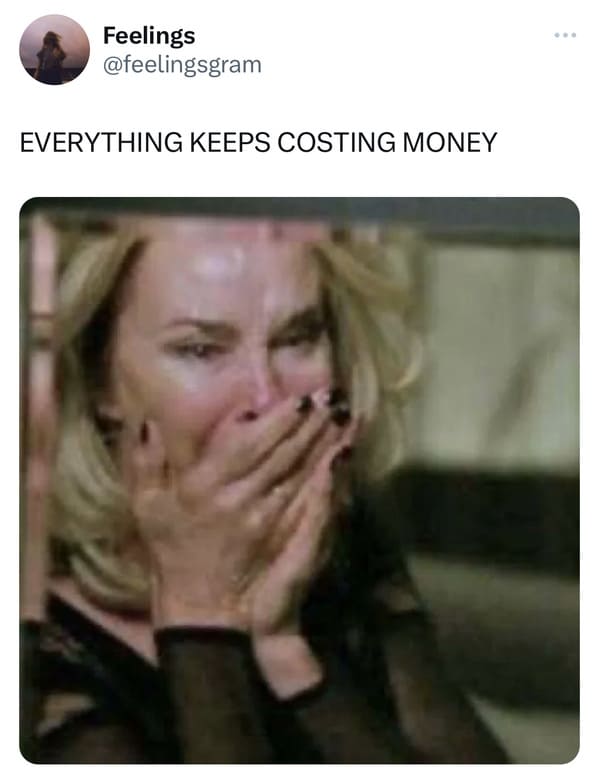 tweets and memes - photo caption - Feelings Everything Keeps Costing Money
