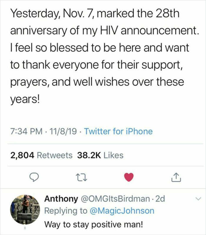 cursed comments - document - Yesterday, Nov. 7, marked the 28th anniversary of my Hiv announcement. I feel so blessed to be here and want to thank everyone for their support, prayers, and well wishes over these years! 11819 Twitter for iPhone 2,804 27 Ant