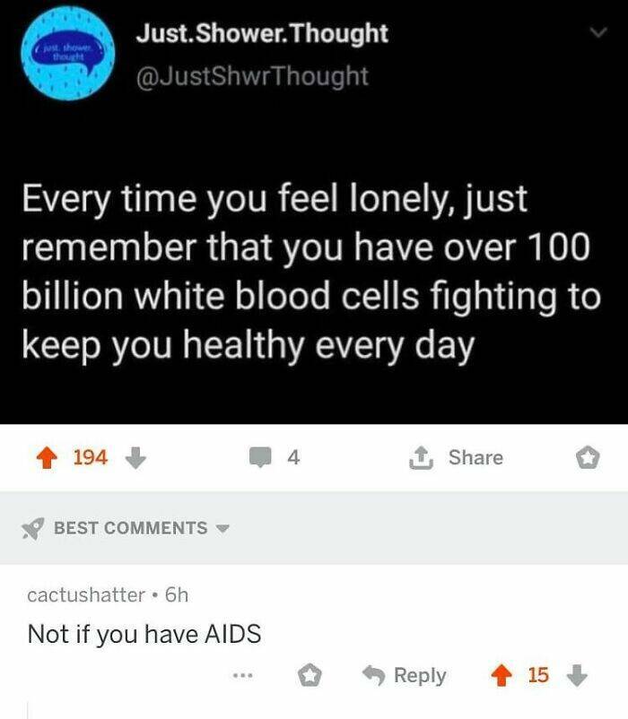 cursed comments - Sally Amaki - G just shower thought Just.Shower. Thought Every time you feel lonely, just remember that you have over 100 billion white blood cells fighting to keep you healthy every day 194 Best cactushatter 6h Not if you have Aids 4 15