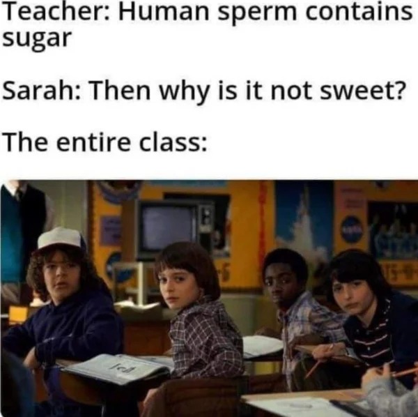 wtf memes and pics - season 2 stranger things - Teacher Human sperm contains sugar Sarah Then why is it not sweet? The entire class