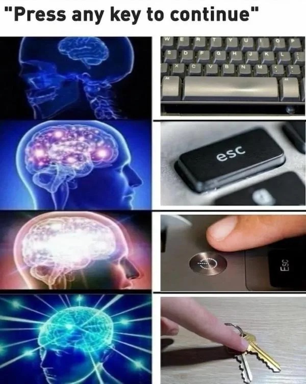 dank memes - meme brain guy - "Press any key to continue" esc Esc