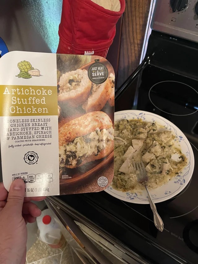 expectations vs reality - dish - Artichoke Stuffed Chicken Boneless Skinless Chicken Breast Hand Stuffed With Artichoke, Spinach & Parmesan Cheese Coated With Beasoning fully cookedperishablekeep refrigerated Greene Deli Per 502 Serving 200 4. "Atat 490 S