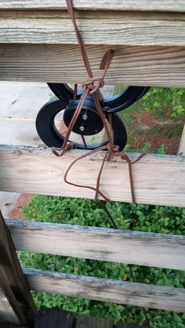 My downstairs neighbor tied their TV antenna to my deck railing with a cut cord for better reception...