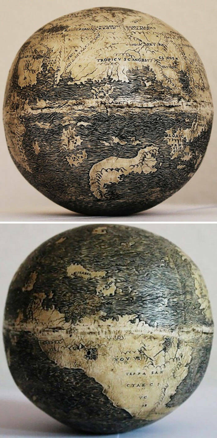 Oldest Globe (510 Years Old)

This old globe was painstakingly etched into the surface of an ostrich egg in Italy. Before its age and origin were verified, it had been sold to its current owner at a map fair in London in 2012.