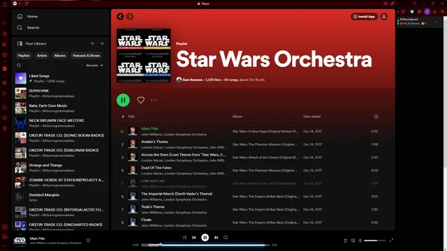 If you listen tp anything from the Starwars Franchise on Spotify, your timeline will turn into a lightsaber!