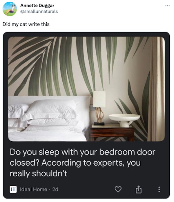 funniest tweets of the week - interior design - Annette Duggar Did my cat write this Do you sleep with your bedroom door closed? According to experts, you really shouldn't Ih Ideal Home 2d