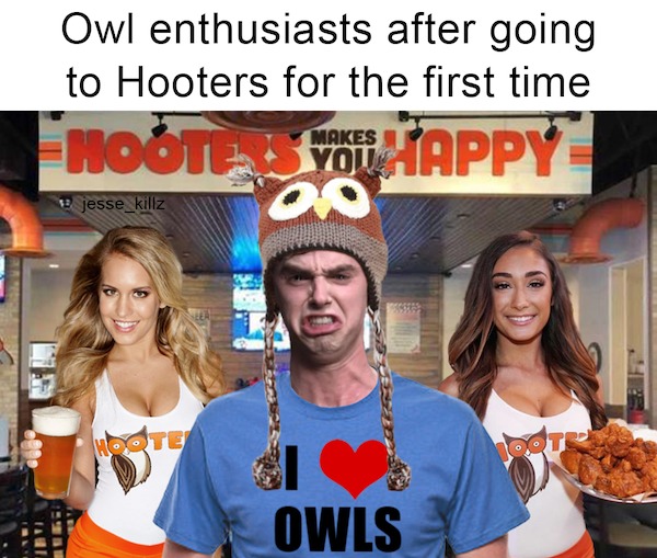 spicy sex memes - photo caption - Owl enthusiasts after going to Hooters for the first time Makes Hooters You Happy 00 jesse_killz Hoote 378 Owls