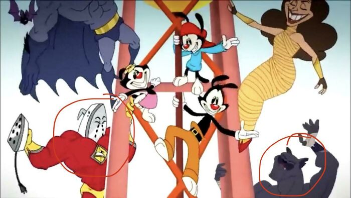 In The First Episode Of Animaniacs (2020), During The Catch-Up Song, There Is A Literal Iron Man And A Literal Black Panther On The Wb Water Tower With The Warners