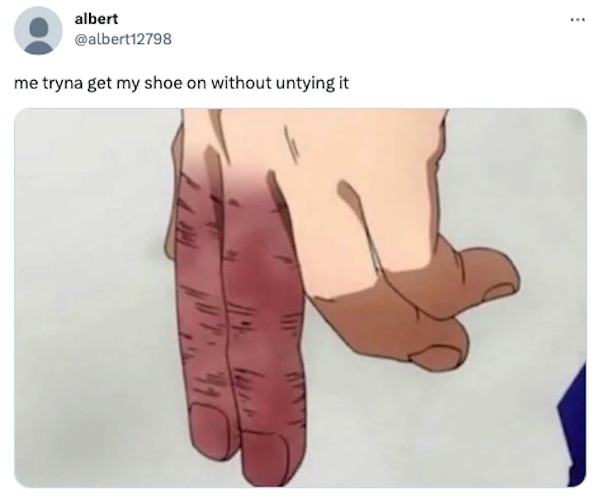 funny tweets -  hand - albert me tryna get my shoe on without untying it Fil A 410