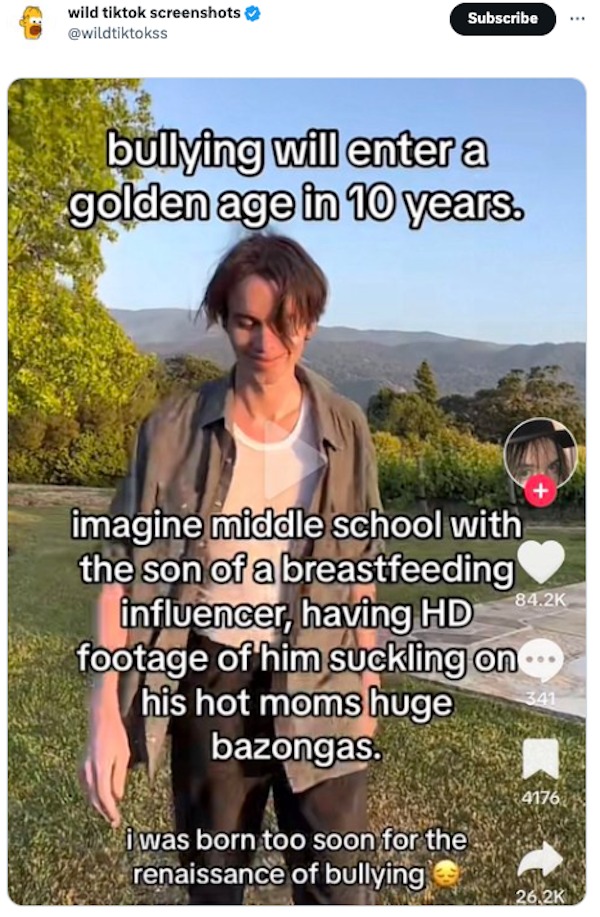 funny tweets -  photo caption - wild tiktok screenshots Subscribe bullying will enter a golden age in 10 years. imagine middle school with the son of a breastfeeding influencer, having Hd footage of him suckling on his hot moms huge bazongas. i was born t
