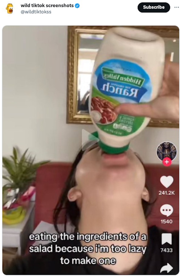 funny tweets -  wild tiktok screenshots ollsnobbiH Subscribe eating the ingredients of a salad because i'm too lazy to make one 1540 7433