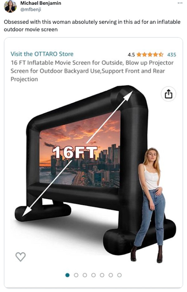 funny tweets -  gadget - Michael Benjamin Obsessed with this woman absolutely serving in this ad for an inflatable outdoor movie screen Visit the Ottaro Store 4.5 435 16 Ft Inflatable Movie Screen for Outside, Blow up Projector Screen for Outdoor Backyard