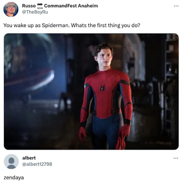 funny tweets -  video - Russo Command Fest Anaheim Soon You wake up as Spiderman. Whats the first thing you do? albert zendaya