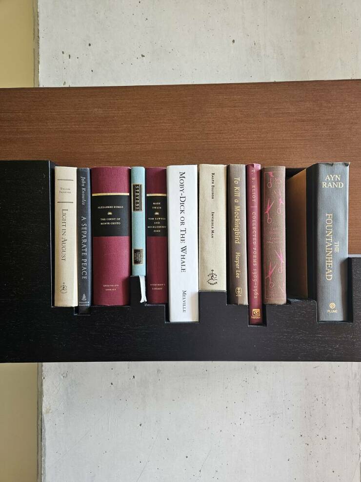 mildly interesting pics - bookcase - Rand T. S. Eliot Collected Foems 19091961 To Kill a Mockingbird Harper Lee Ralph Ellison The Fountainhead Stevens MobyDick Or The Whale John Knowles Invisible Man wwwwwww Vocray A Separate Peace Light In August Melvill