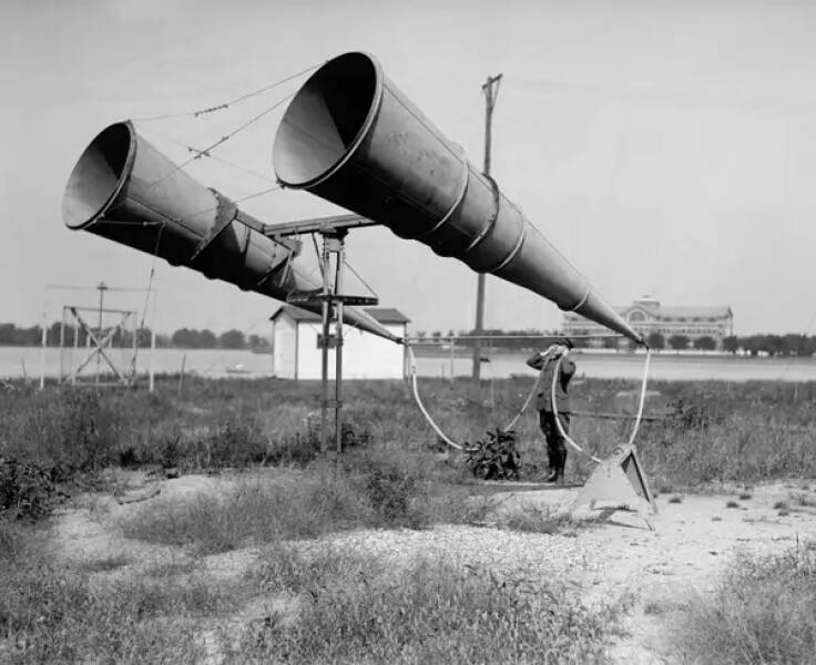 Before the invention of RADAR, soldiers used big old Looney Toons-looking contraptions to listen for enemy planes: