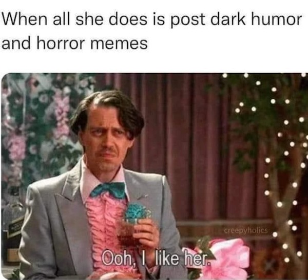 fresh memes - photo caption - When all she does is post dark humor and horror memes Ooh, I her creepyholics