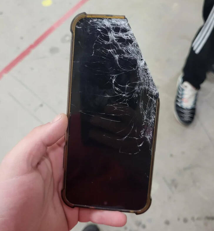 “My coworker left his phone under the industrial paper cutter.”