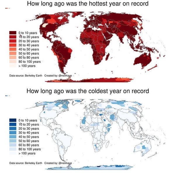 data is beautiful - world map - How long ago was the hottest year on record 0 to 10 years 10 to 20 years 20 to 30 years 30 to 40 years 40 to 50 years 50 to 60 years 60 to 80 years 80 to 100 years > 100 years Data source Berkeley Earth Created by How long 