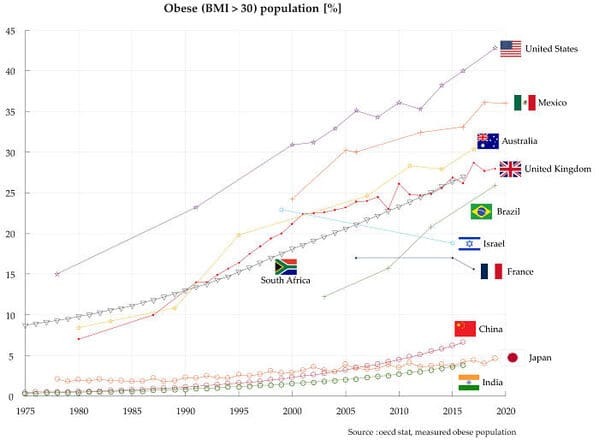data is beautiful - plot - 45 40 35 30 25 20 15 10 5 0 1975 1980 1985 Obese Bmi > 30 population % 1990 1995 South Africa 2000 2010 Brazil Australia Israel China India 2005 2015 Source oeed stat, measured obese population United States France 2020 Mexico U