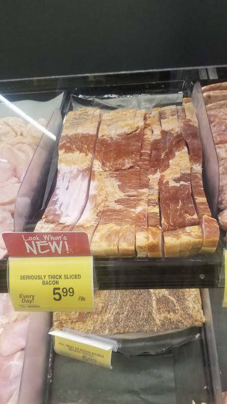 My local grocery store sells "seriously thick" sliced bacon.