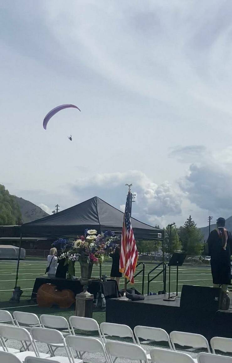 "My boss (the HS principal) arrived to graduation today via paraglide"