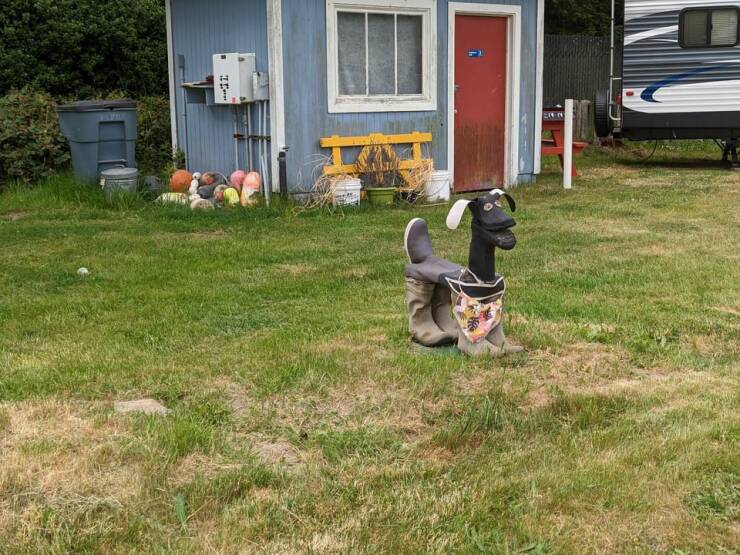 "A dog made entirely of old shoes"