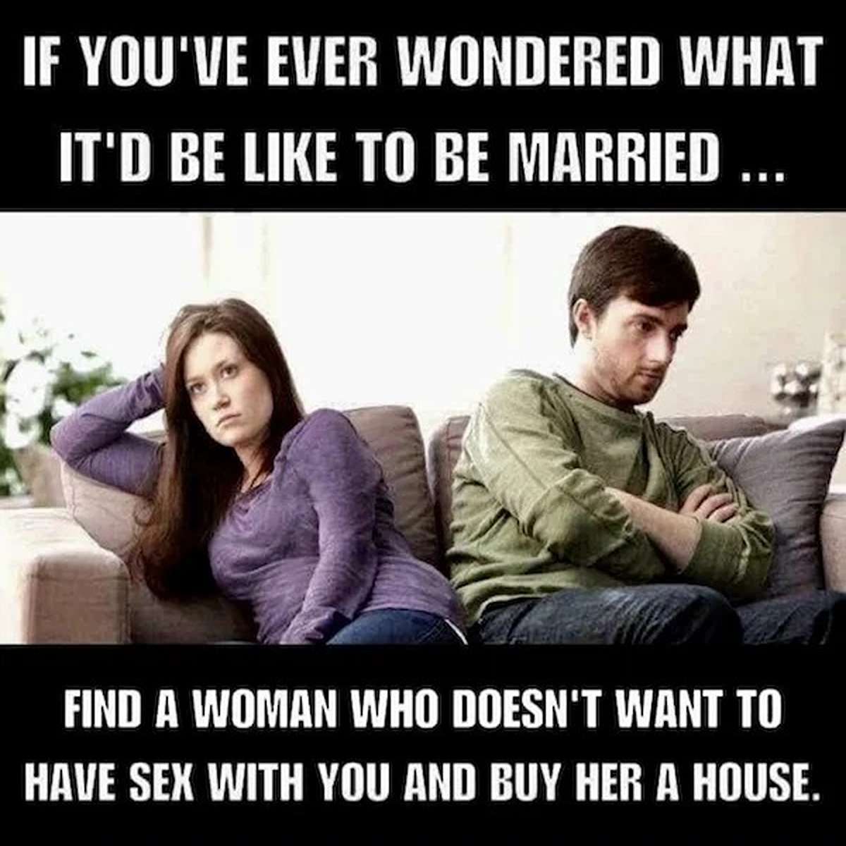 dank memes - photo caption - If You'Ve Ever Wondered What It'D Be To Be Married ... Find A Woman Who Doesn'T Want To Have Sex With You And Buy Her A House.
