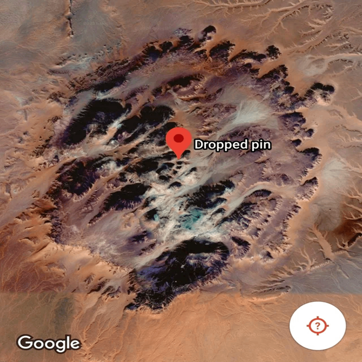 Found this crater/hole while randomly scrolling around google maps. Located in Mali, Africa. Any ideas? Answer: It’s a mountain in the desert, not a crater. Weird!