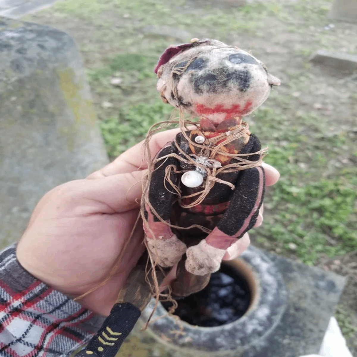 Found in a cemetery while geocaching. The doll was wrapped in the paper which was wrapped in the cloth cross and bound with twine. Overall very creepy. Answer: if it looked creepy, that’s because it is. It’s a doll and note used for “witchcraft” in Mexico and it was used to curse a person. Spooky.