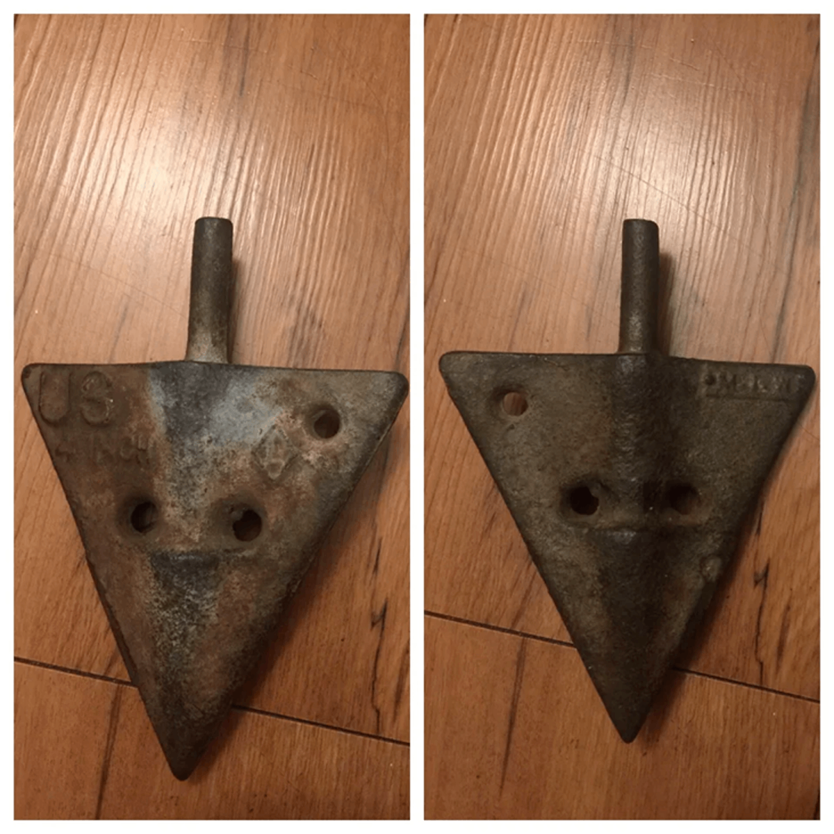 What is this thing? Found it as a kid and have never known what it is. Slightly heavier than it looks. Says US 4 inch on one side that also has an “L” in a diamond, the other side has some mark I can’t make out. The triangle is 4 inches from base to tip. Answer: An “earth anchor” or “arrowhead anchor” for things like phone cables and other things that go into the ground. Cue the music: “Earth Anchor, earth anchor… will you be mine?”