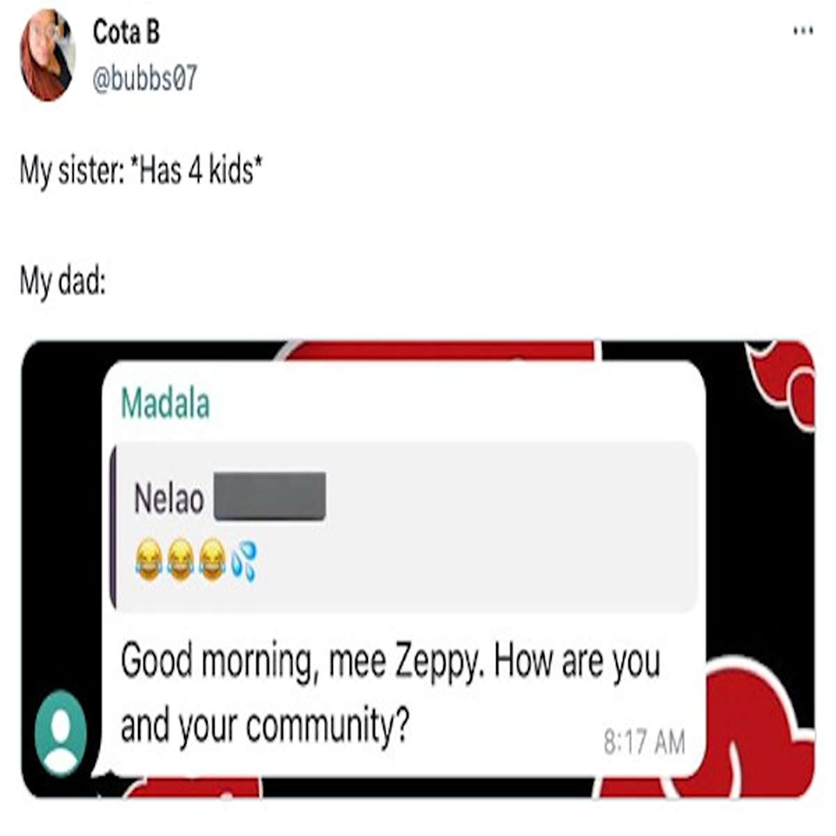 funny tweets and memes - software - Cota B My sister Has 4 kids My dad Madala Nelao Good morning, mee Zeppy. How are you and your community?