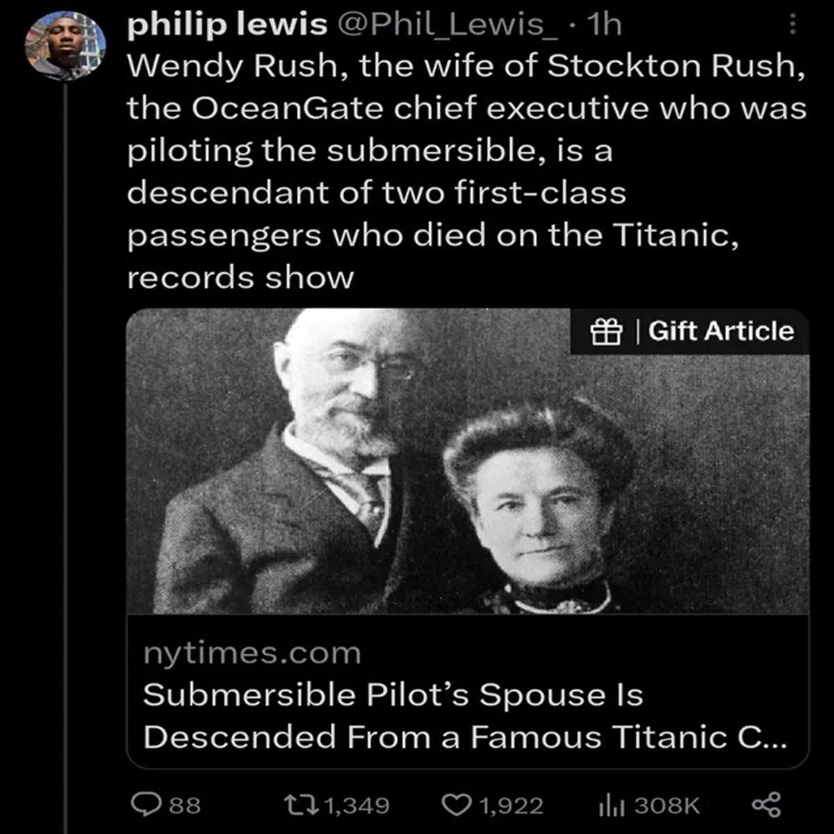 funny tweets and memes - mr and mrs straus - philip lewis . 1h Wendy Rush, the wife of Stockton Rush, the OceanGate chief executive who was piloting the submersible, is a descendant of two firstclass passengers who died on the Titanic, records show nytime