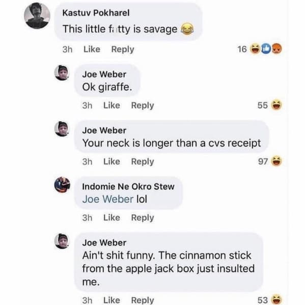 crazy FB posts - little fatty a savage - Kastuv Pokharel This little fatty is savage 3h Joe Weber Ok giraffe. 3h 16 D Indomie Ne Okro Stew Joe Weber lol 3h Joe Weber Your neck is longer than a cvs receipt 3h 55 Joe Weber Ain't shit funny. The cinnamon sti