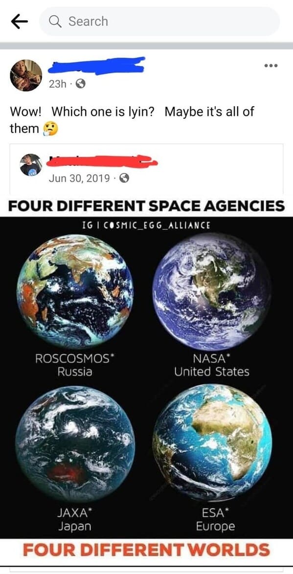 crazy FB posts - four different space agencies - Q Search 23h S Wow! Which one is lyin? Maybe it's all of them Four Different Space Agencies Ig I Cosmic EGG_ALLIANCE Roscosmos Russia Jaxa