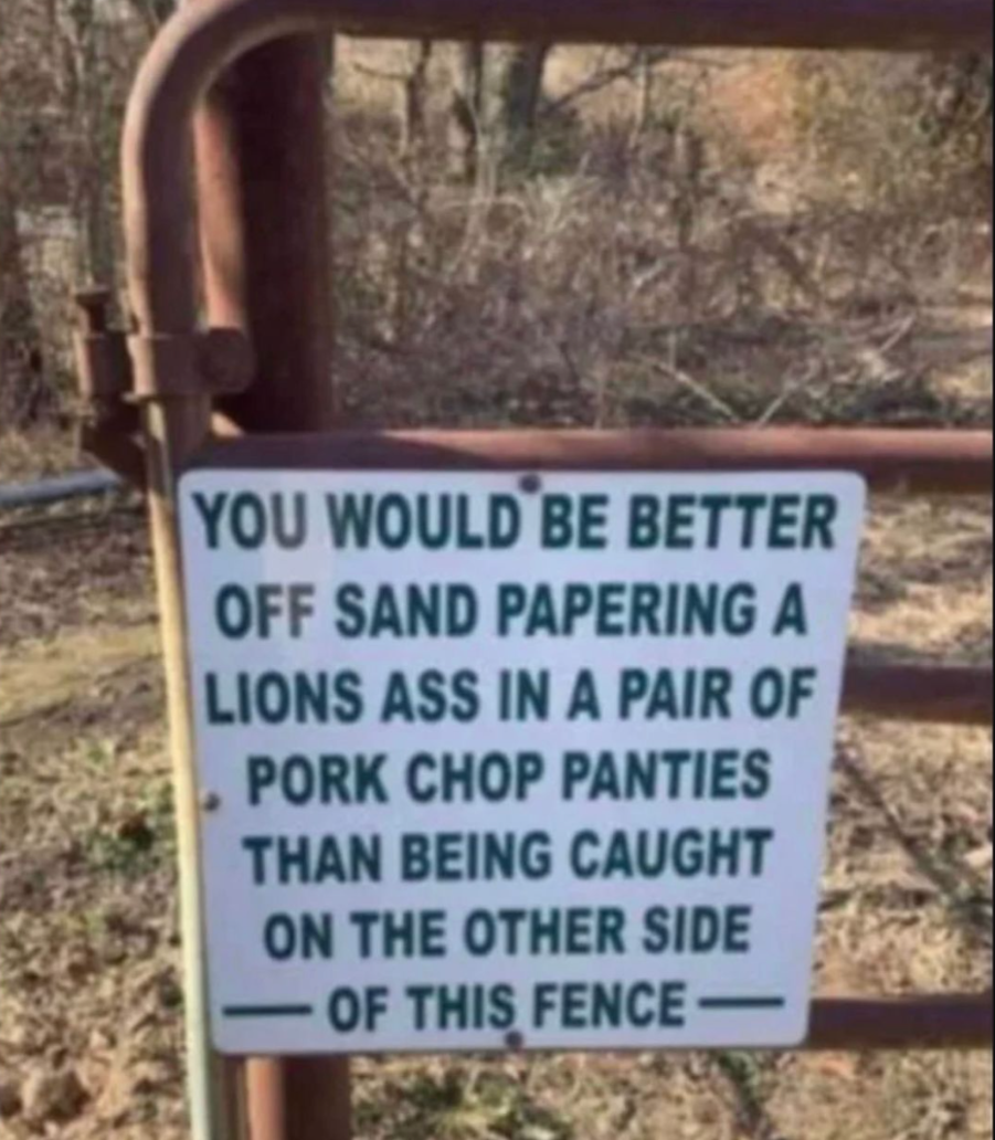 funny tweets and memes - soil - You Would Be Better Off Sand Papering A Lions Ass In A Pair Of Pork Chop Panties Than Being Caught On The Other Side Of This Fence