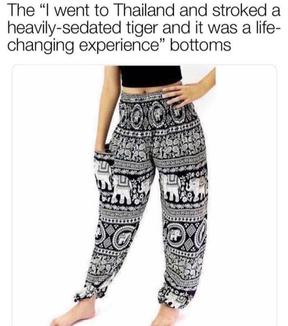 funny tweets and memes - elephant trousers meme - The "I went to Thailand and stroked a heavilysedated tiger and it was a life changing experience" bottoms 10