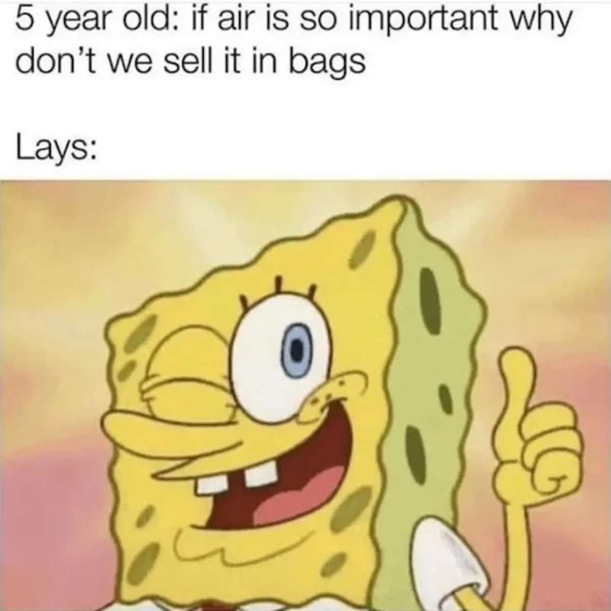 dank memes - sponge bob - 5 year old if air is so important why don't we sell it in bags Lays