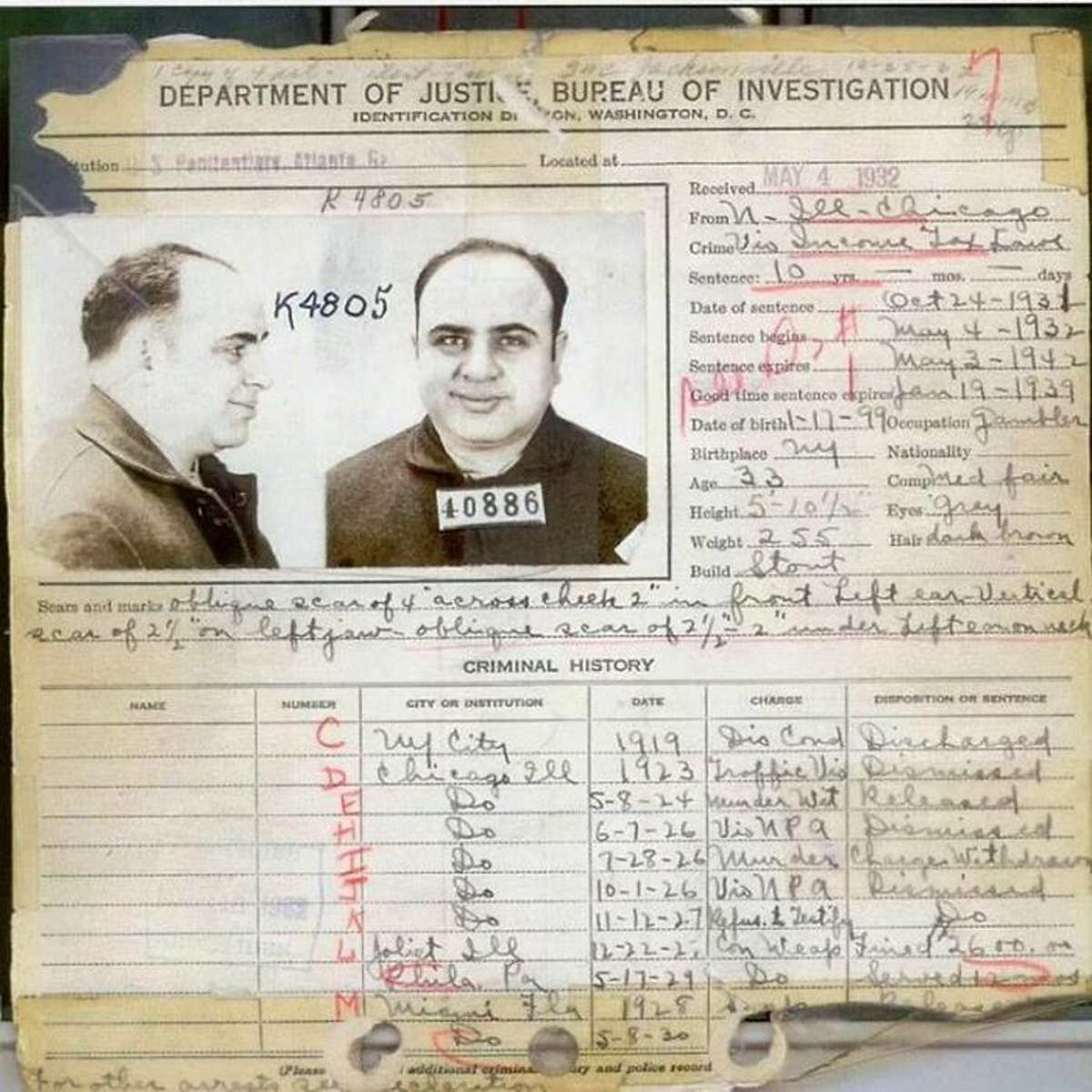 (1932) Al Capone's FBI Criminal Record, Showing Most Of His Criminal Charges Which Were Dismissed