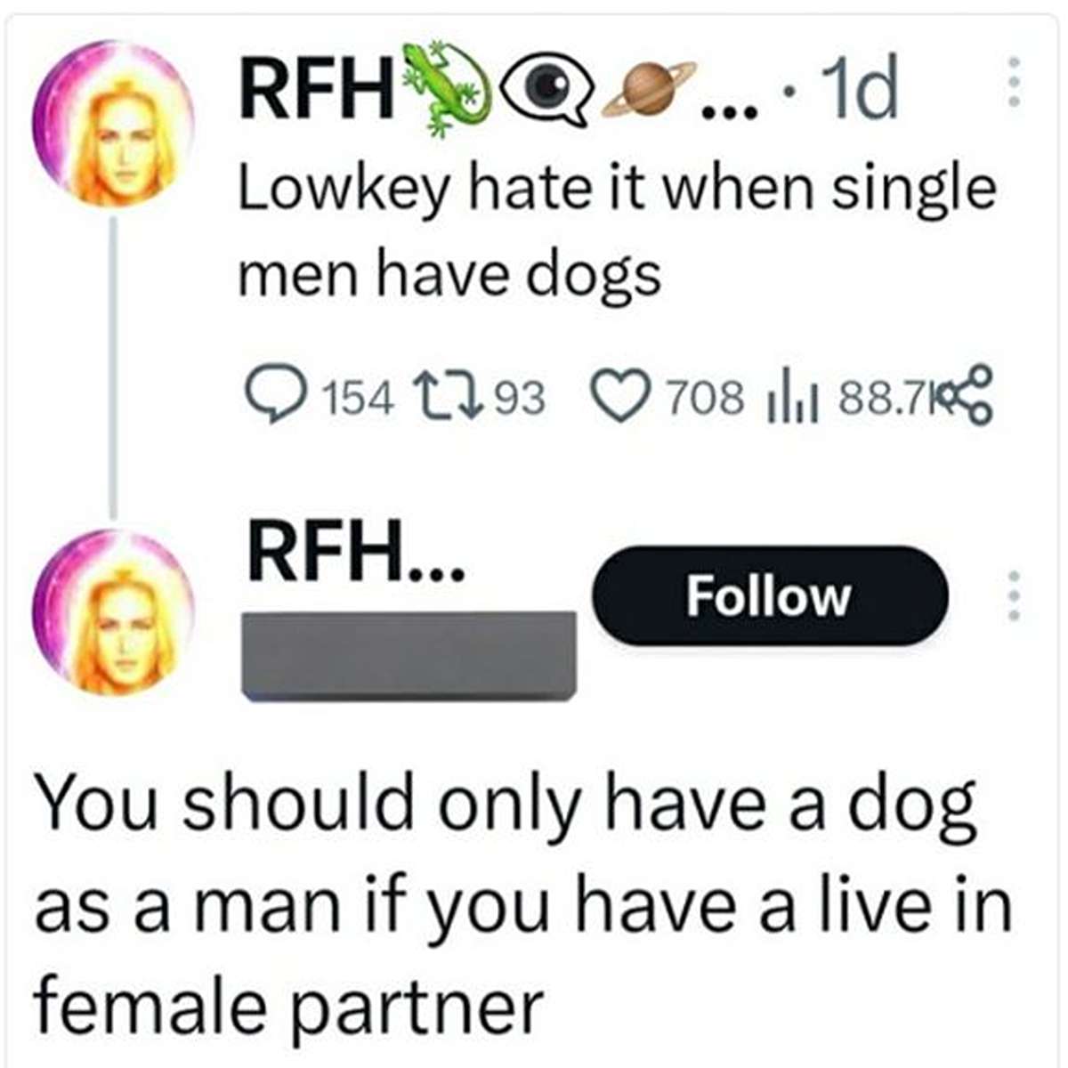 delusional people - number - Rfh .. 1d Lowkey hate it when single men have dogs 154 193 Rfh... 708 11 88.71 You should only have a dog as a man if you have a live in female partner