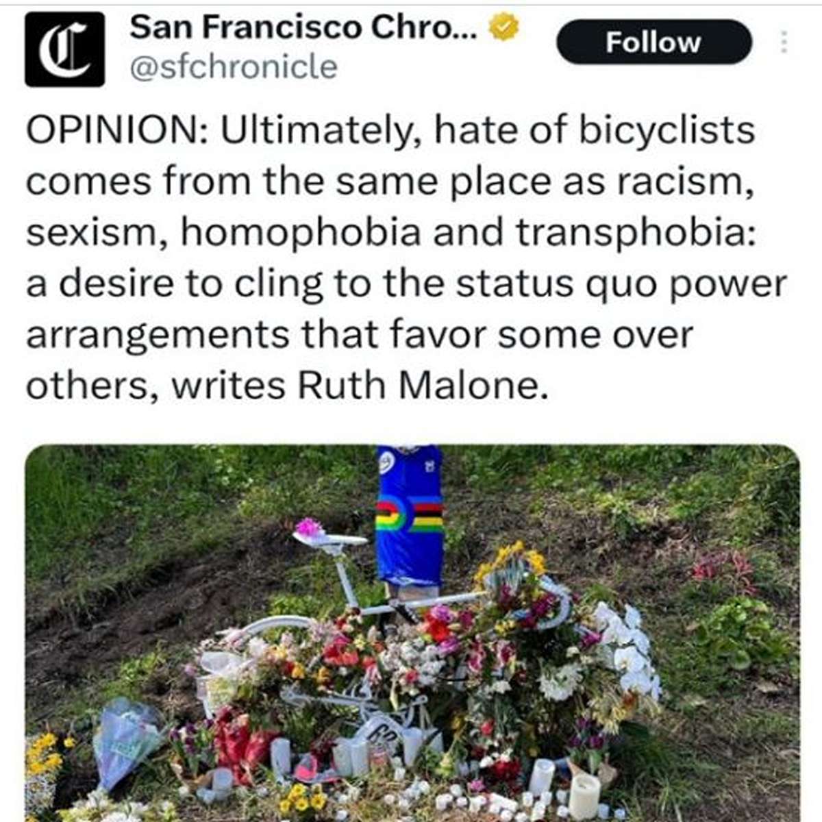 delusional people - flora - San Francisco Chro... Opinion Ultimately, hate of bicyclists comes from the same place as racism, sexism, homophobia and transphobia a desire to cling to the status quo power arrangements that favor some over others, writes Rut