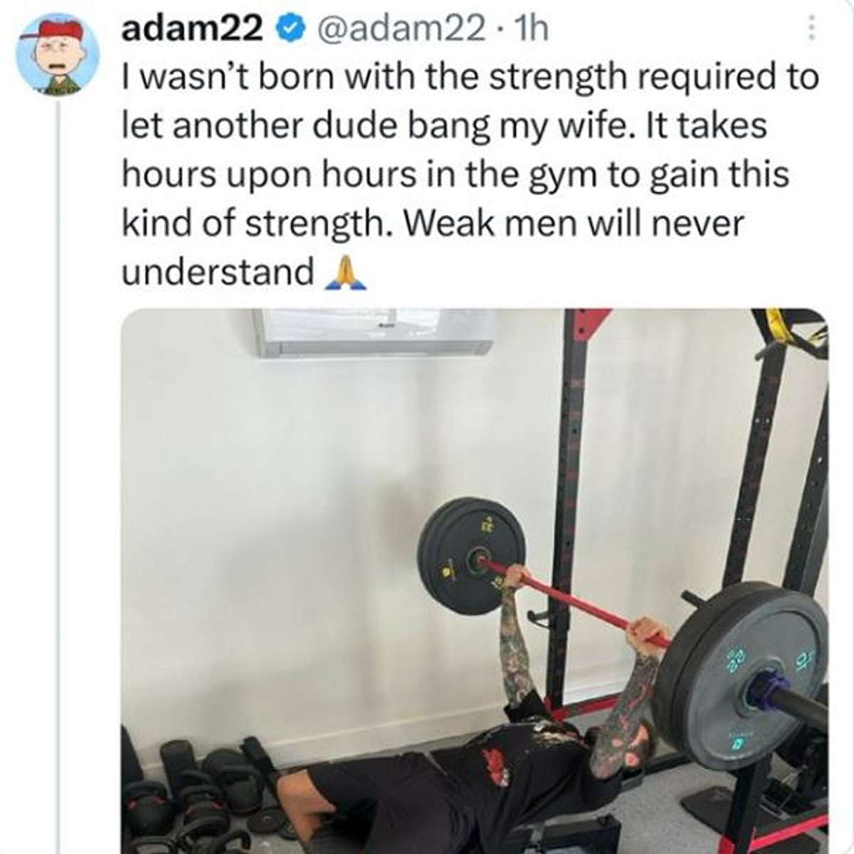 delusional people - gym - adam22 .1h I wasn't born with the strength required to let another dude bang my wife. It takes hours upon hours in the gym to gain this kind of strength. Weak men will never understand 22 An