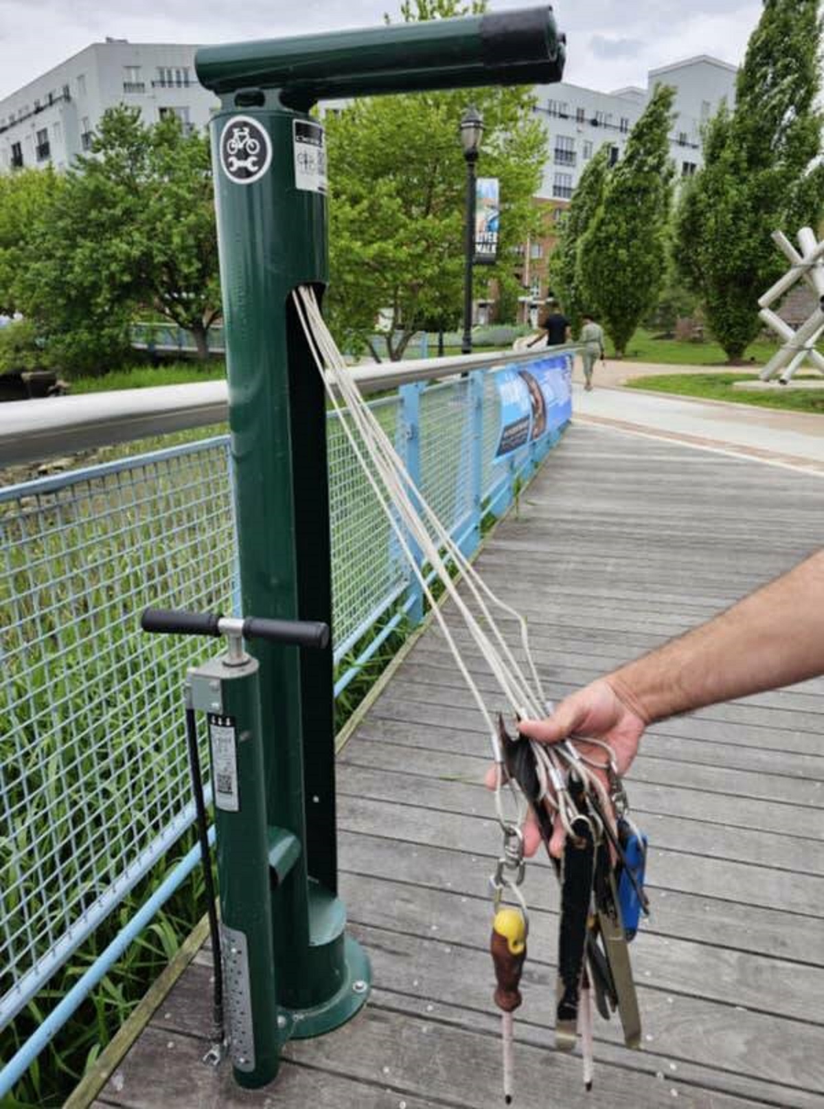 In Canada, there's bike repair equipment on the bike paths, in case you run into trouble.